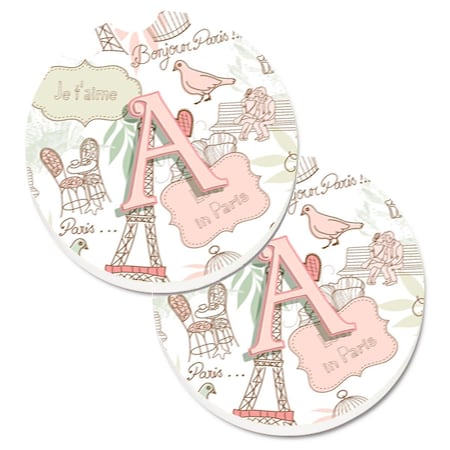 Carolines Treasures Letter A Love in Paris Pink Set of 2 Cup Holder Car Coaster CJ2002-ACARC